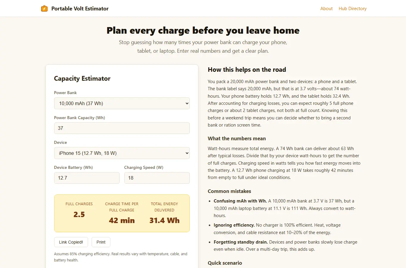 Screenshot of Portable Volt Estimator – Power Bank Capacity Planner interface showing the project page in use